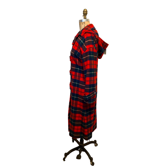 THE SYLVIA: Vintage 60s Pendleton Red Plaid Tartan Wool Hooded Duffle Coat - Picture 5 of 10